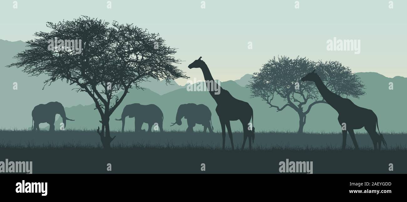 Illustration réaliste du paysage africain et safari. Avec l'éléphant de savane girafe sur entre les arbres sur claire journée d'été sous le ciel vert - vector Illustration de Vecteur