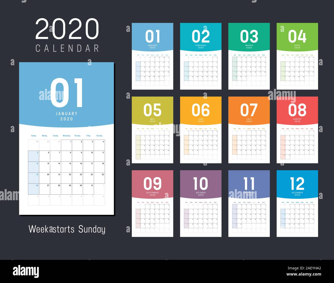 Calendrier mensuel de bureau de l'année 2020. Semaine commence le dimanche. Modèle de scénario. Illustration de Vecteur