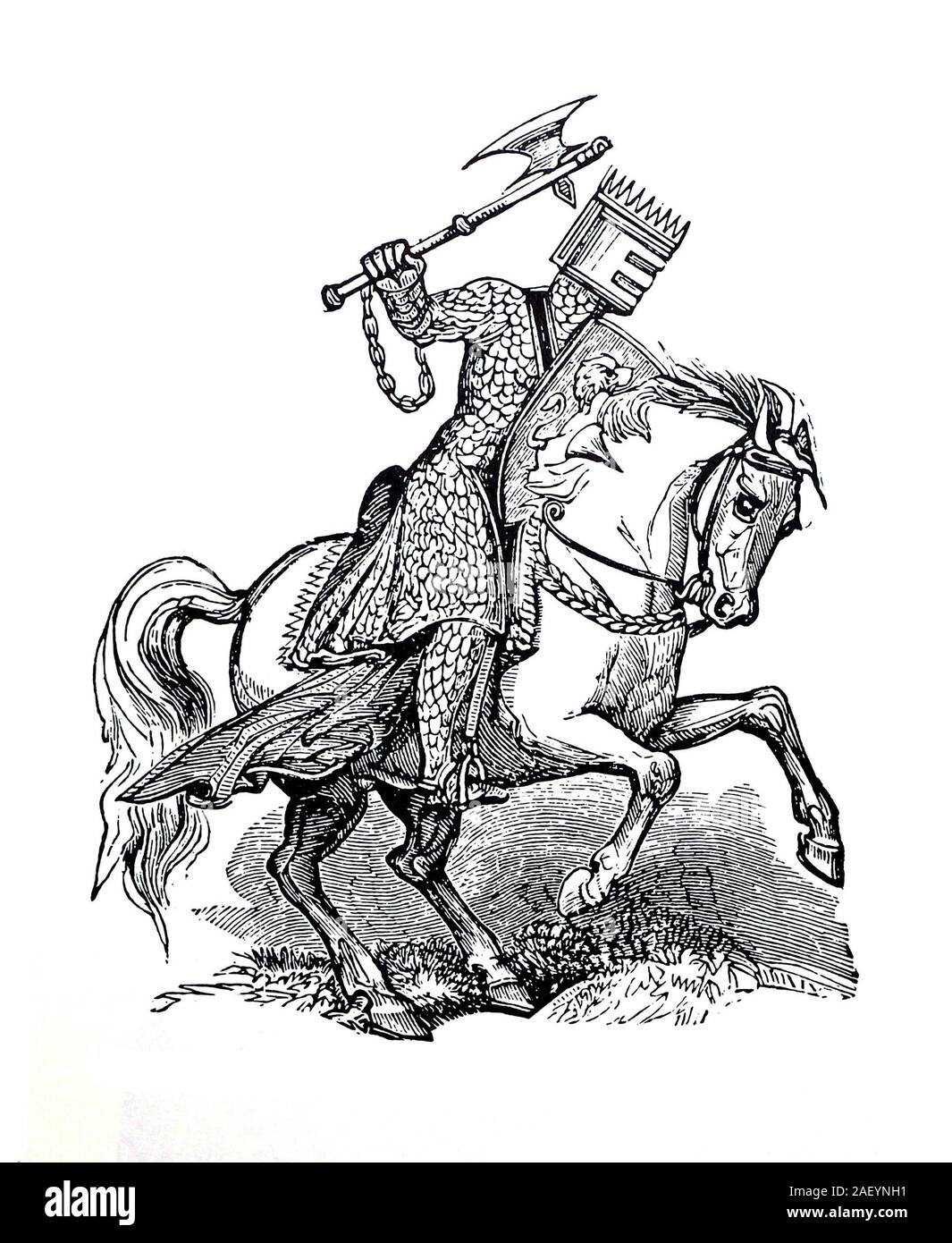 Chevalier sur un cheval avec hache de guerre. Vintage dessin, dessin au trait, noir et blanc gravé. Banque D'Images