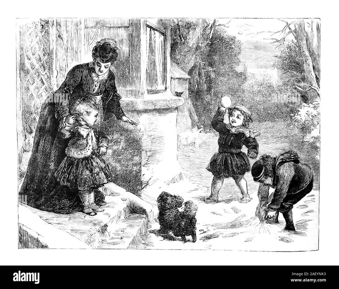 La première boule de neige, dame de vêtements vintage, avec des enfants, Snowball, jouant, chien, saisonnier Hiver c 1872 Banque D'Images La première boule de neige, dame de vêtements vintage, avec des enfants, Snowball, jouant, chien, saisonnier Hiver c 1872 Banque D'Images