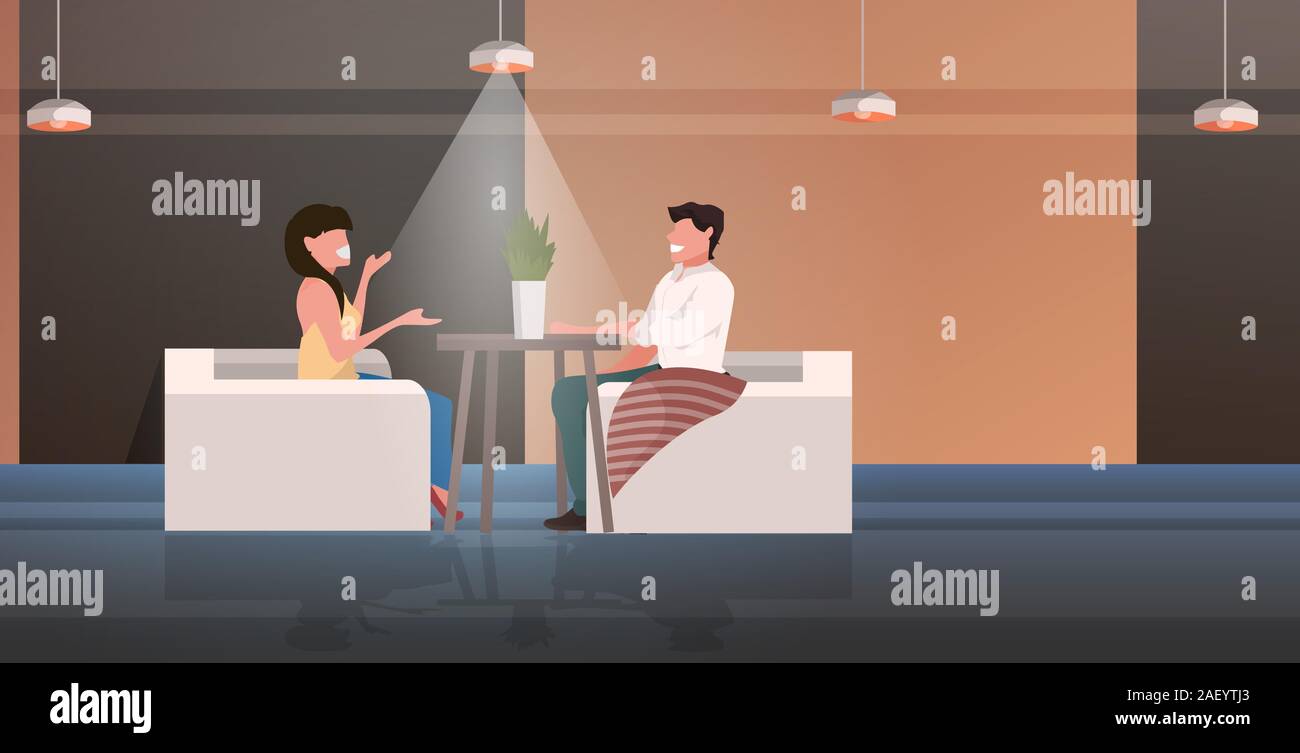 Couple sitting at cafe table heureux homme femme discutez lors de réunion date romantique moderne concept intérieur restaurant pleine longueur horizontale vector illustration Illustration de Vecteur