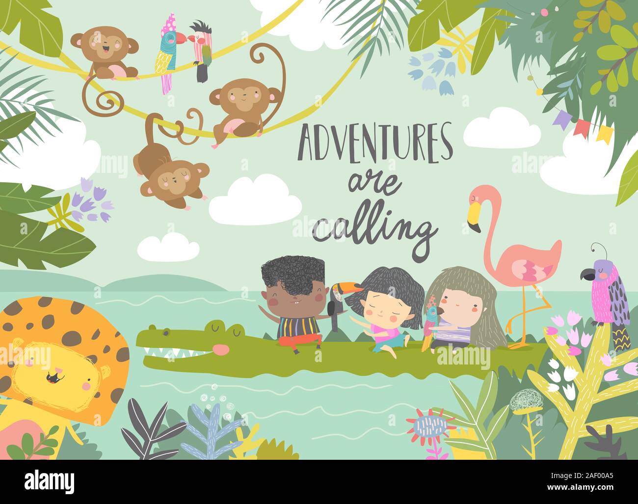 Cute cartoon enfants Voyager avec des animaux. Aventures demandent Illustration de Vecteur