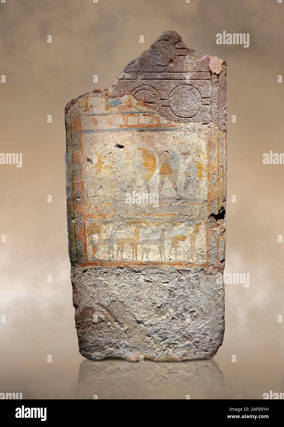 Stèle funéraire mycénien avec peint des scènes de guerriers, Mycènes Mycènes Tombeau Chambre Musée Archéologique d'Athènes. Cat No 3256.12e 100 BC. Dans t Banque D'Images