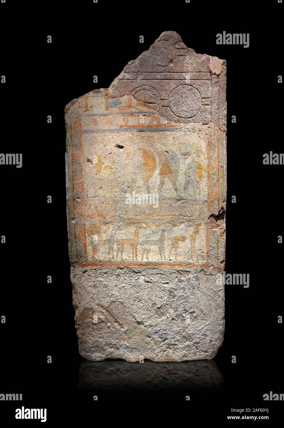 Stèle funéraire mycénien avec peint des scènes de guerriers, Mycènes Mycènes Tombeau Chambre Musée Archéologique d'Athènes. Cat No 3256.12e 100 BC. Black Banque D'Images