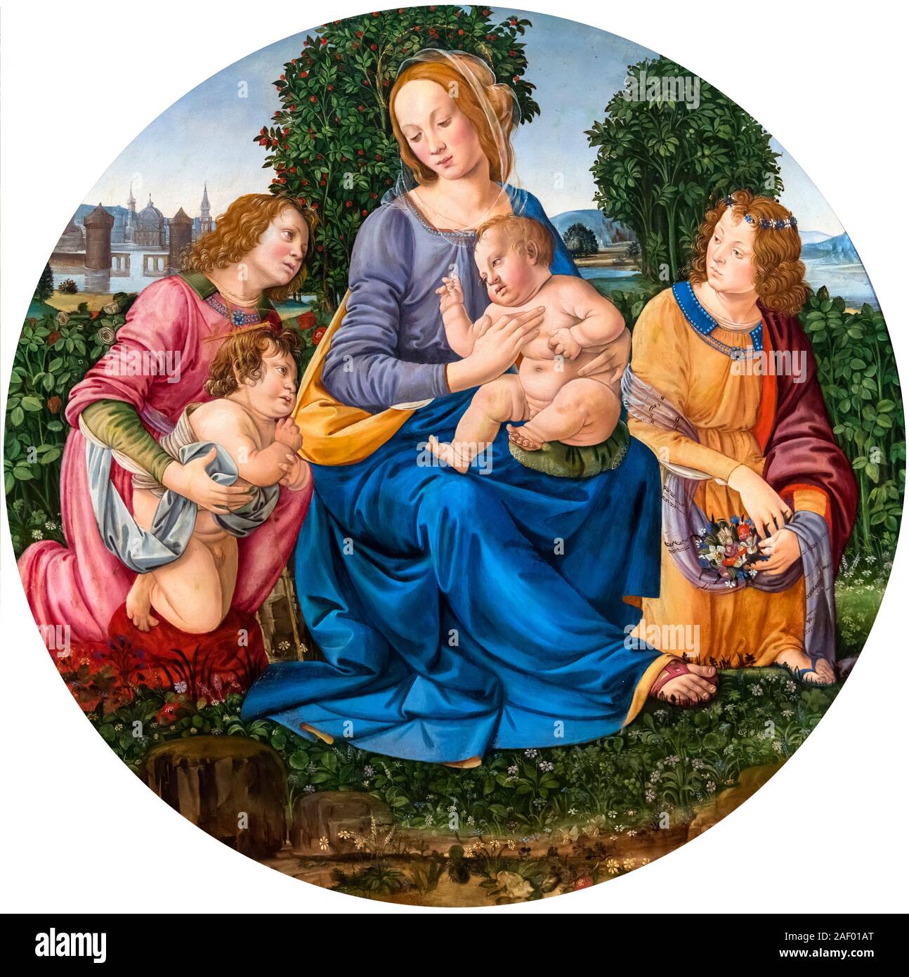 Vierge à l'enfant avec l'enfant Saint Jean et deux anges par Lorenzo di Credi (c.1456-1537), l'huile et tempera sur panneau de bois, c.1490 Banque D'Images