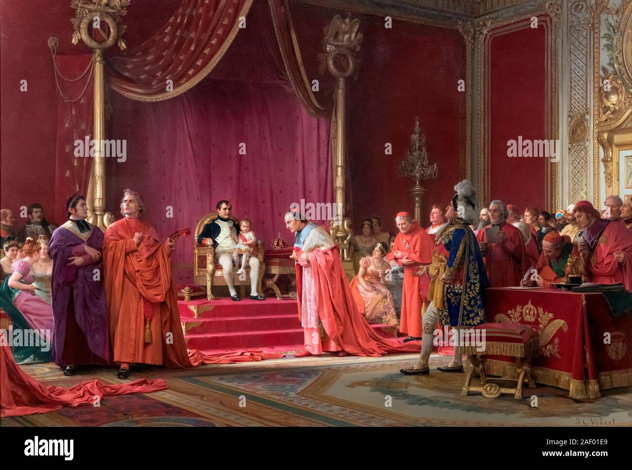 Le Roi de Rome par Jean Georges Vibert (1840-1902), huile sur toile sur panneau, 1900. Le tableau indique l'histoire de Napoléon Bonaparte forcer le pape à reconnaître son fils comme roi de Rome et, par conséquent, l'héritier d'un nouveau Saint Empire Romain. Banque D'Images