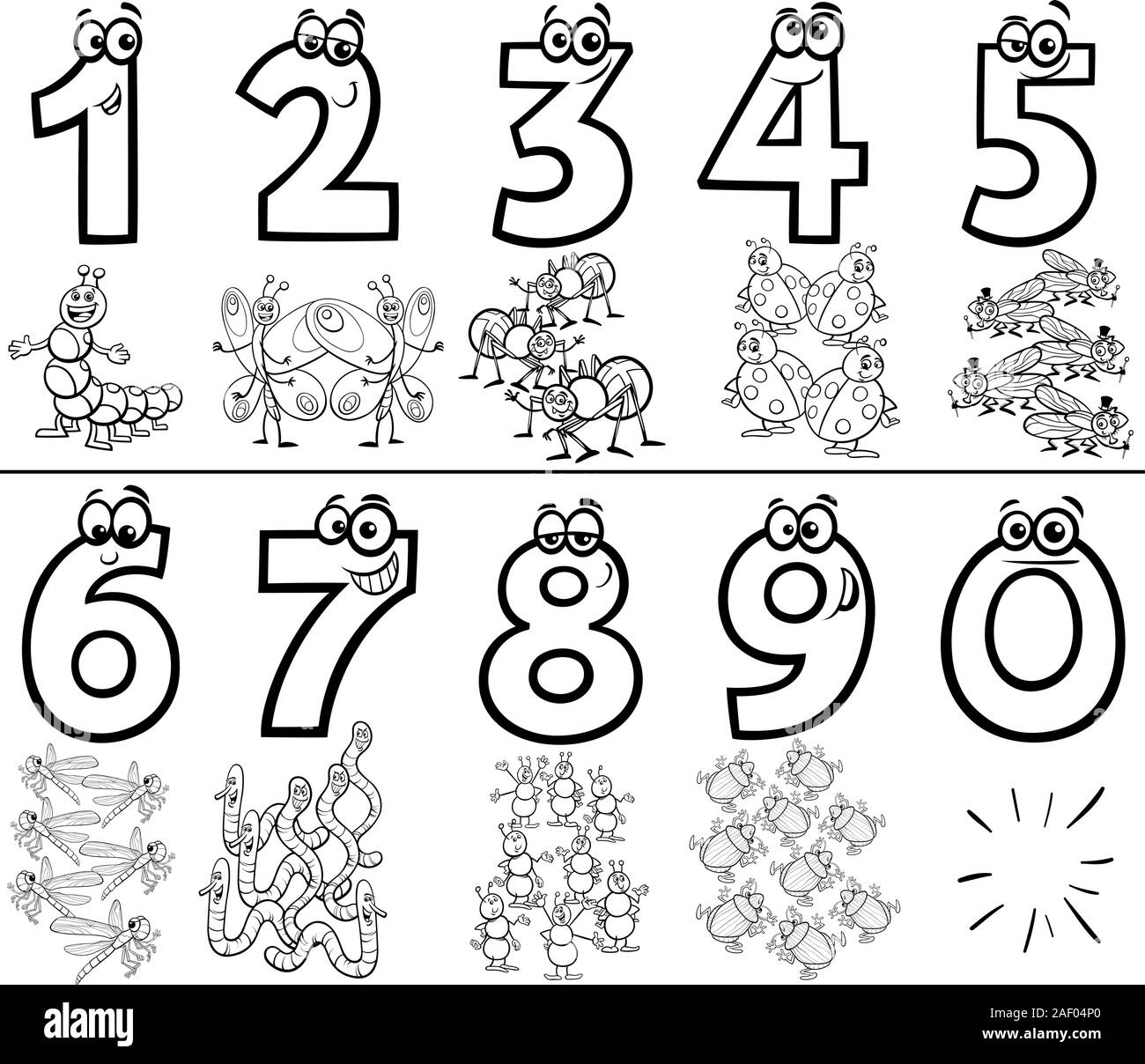 Illustration Cartoon noir et blanc de l'éducation Collection Nombres de un à neuf avec drôle caractères Animaux Insectes Page à colorier Illustration de Vecteur