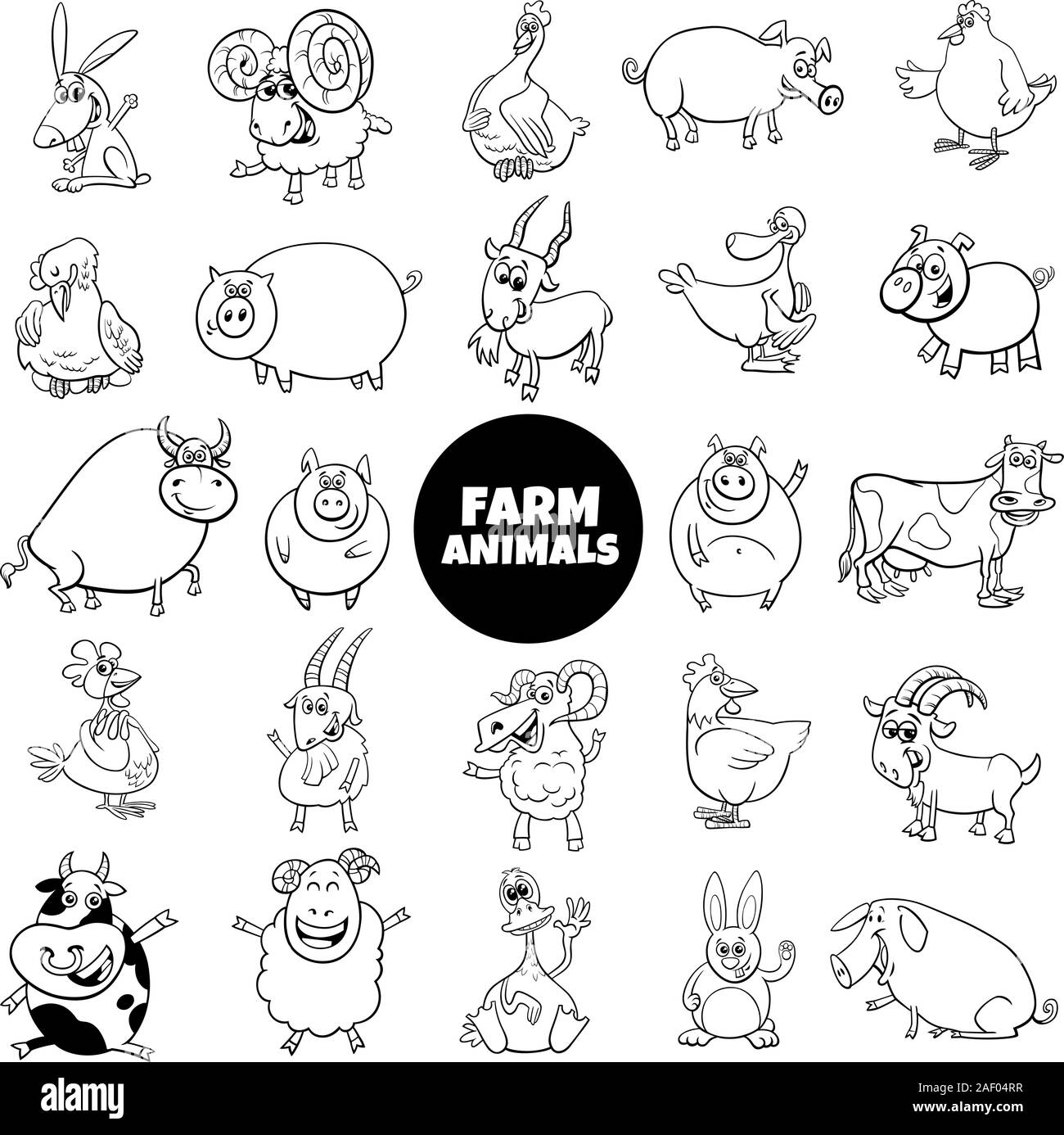 Illustration Cartoon noir et blanc de personnages animaux rigolos de la ferme Grand ensemble Illustration de Vecteur