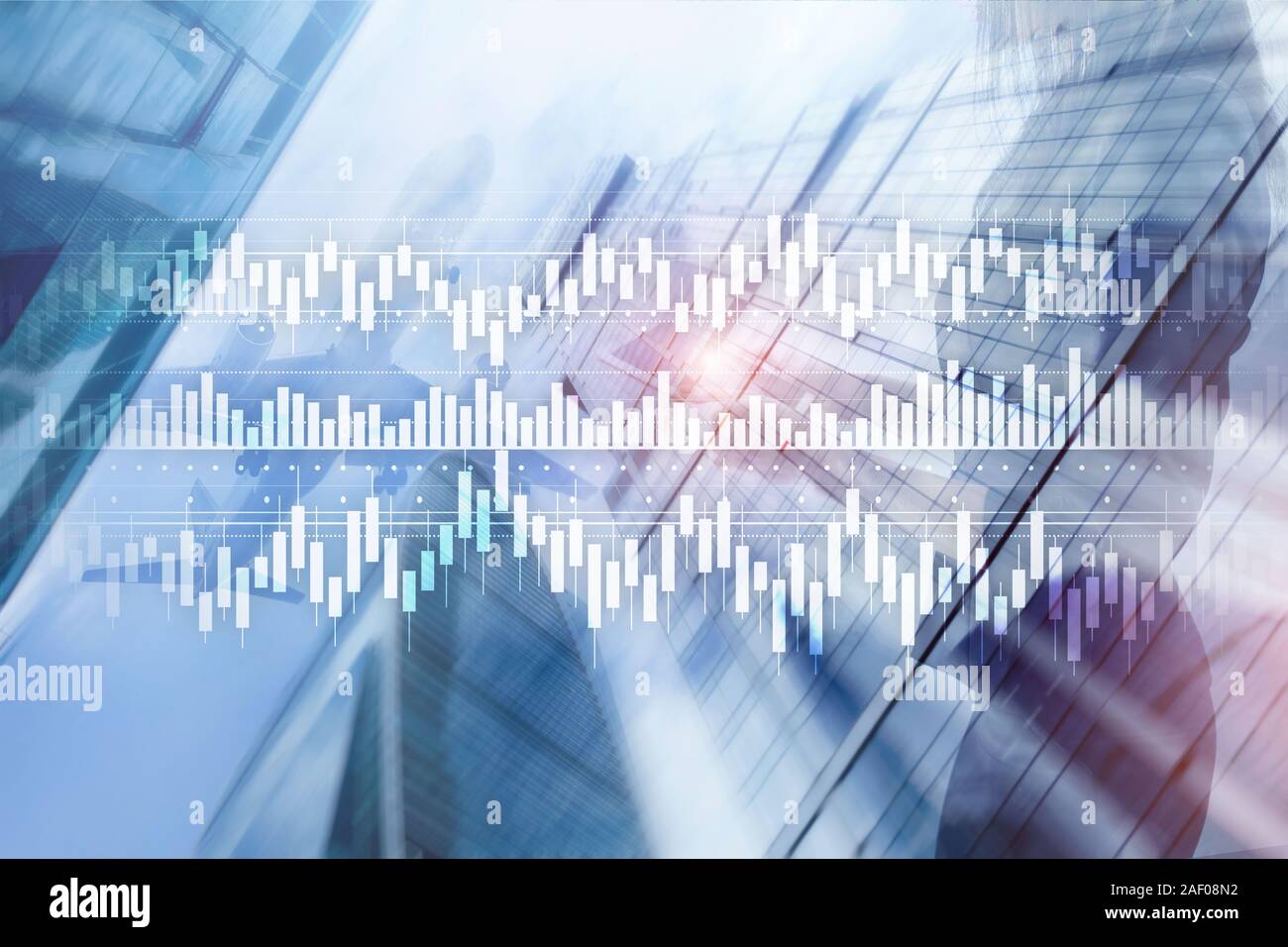 Diagramme de bougies stock trading graphique de l'entreprise Financement de l'investissement mixte concept double exposition écran virtuel. Banque D'Images