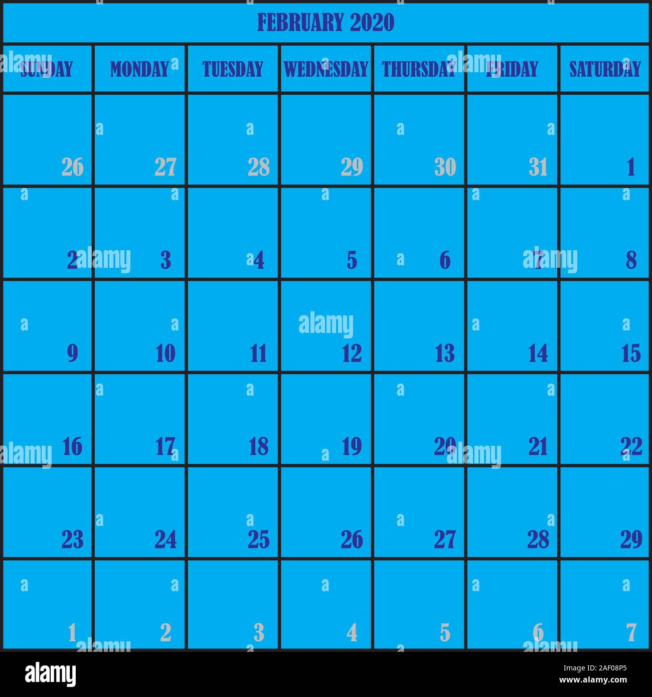 Planificateur de calendrier MOIS FÉVRIER 2020 sur fond bleu Illustration de Vecteur