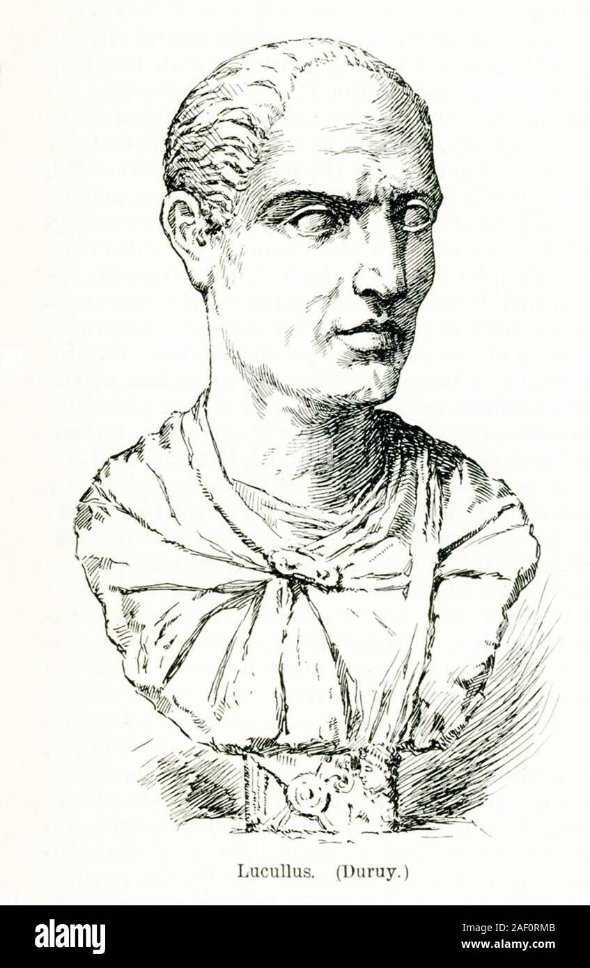 Cette illustration date de 1897 et est une copie d'un buste de Lucullus. Lucius Licinius Lucullus, (né c. 117 BC-morts 57/56), un général romain qui s'est battu Mithridate VI Eupatoire du pont de 74 à 66 BC. Il a servi dans la guerre sociale (91-87) en vertu de Lucius Cornelius sulla. Il a été consul en 74 av. J.-C. Il se retire de la vie politique pour profiter d'une vie de grand luxe. L'adjectif Lucullan, sens "luxueux", dérive de son nom. L'illustration est par le français Victor Duruy, un historien français, homme d'État, ministre de l'éducation nationale et qui est mort en 1894. Banque D'Images