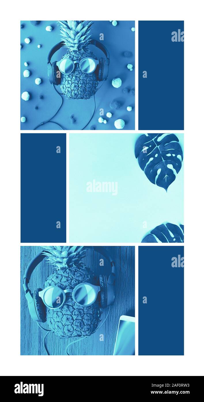 Collage monochrome bleu classique avec drôle d'ananas, des lunettes de soleil et d'écouteurs. Mise à plat sur le papier de fond avec boules moelleuses et téléphone mobile. Pap Banque D'Images