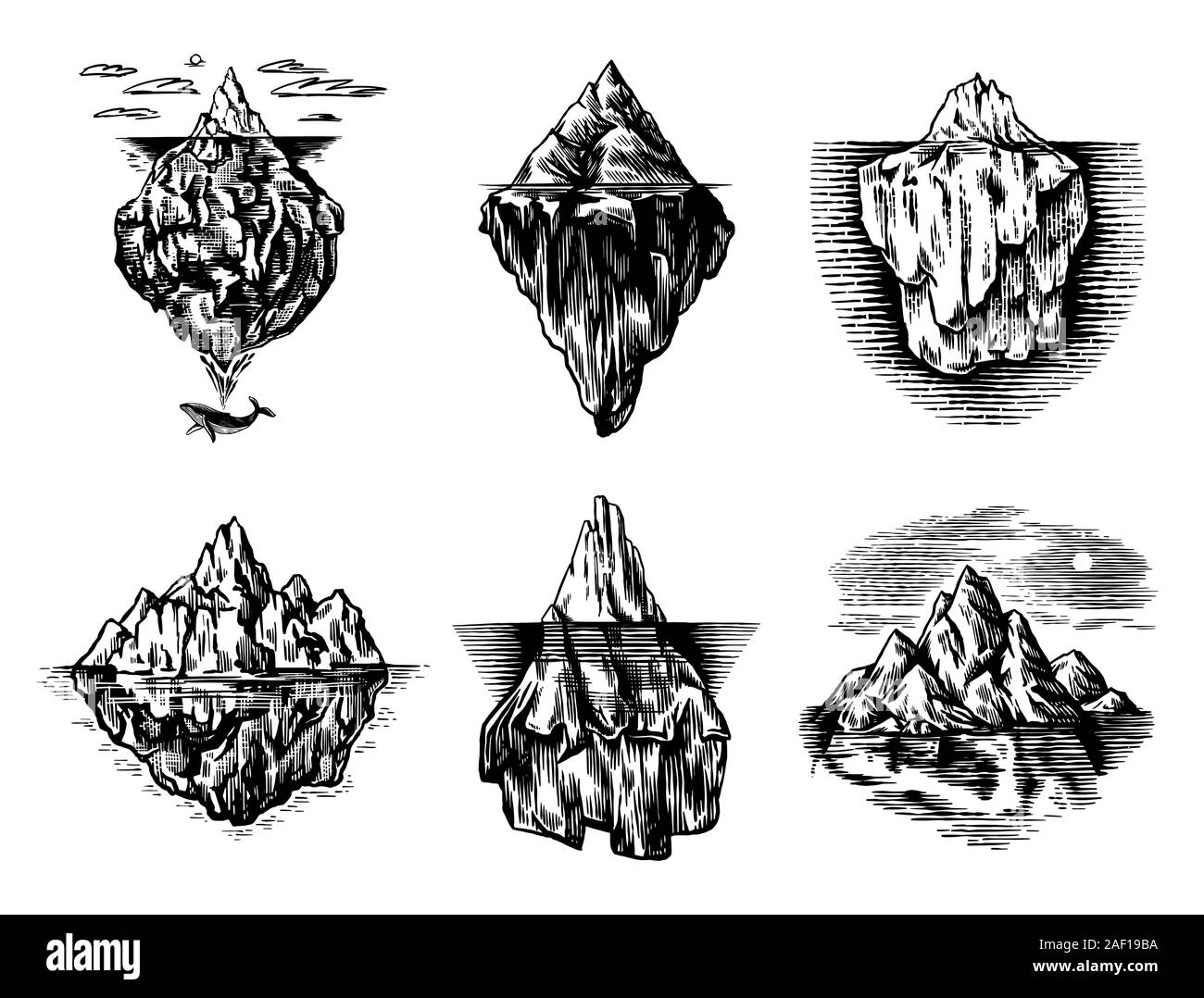 Iceberg dans l'océan. Un gros morceau d'un glacier de montagne dans le nord de l'flottante de l'eau. Gravé à la main vintage esquisse pour emblème, le logo web Illustration de Vecteur