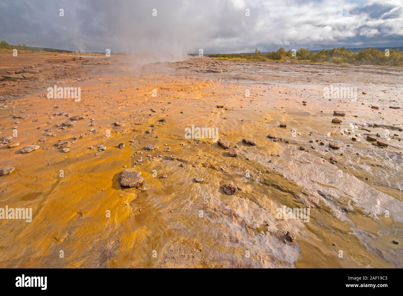 Les dépôts de calcaire coloré par une piscine géothermique dans la zone géothermique de Geysir en Islande Banque D'Images