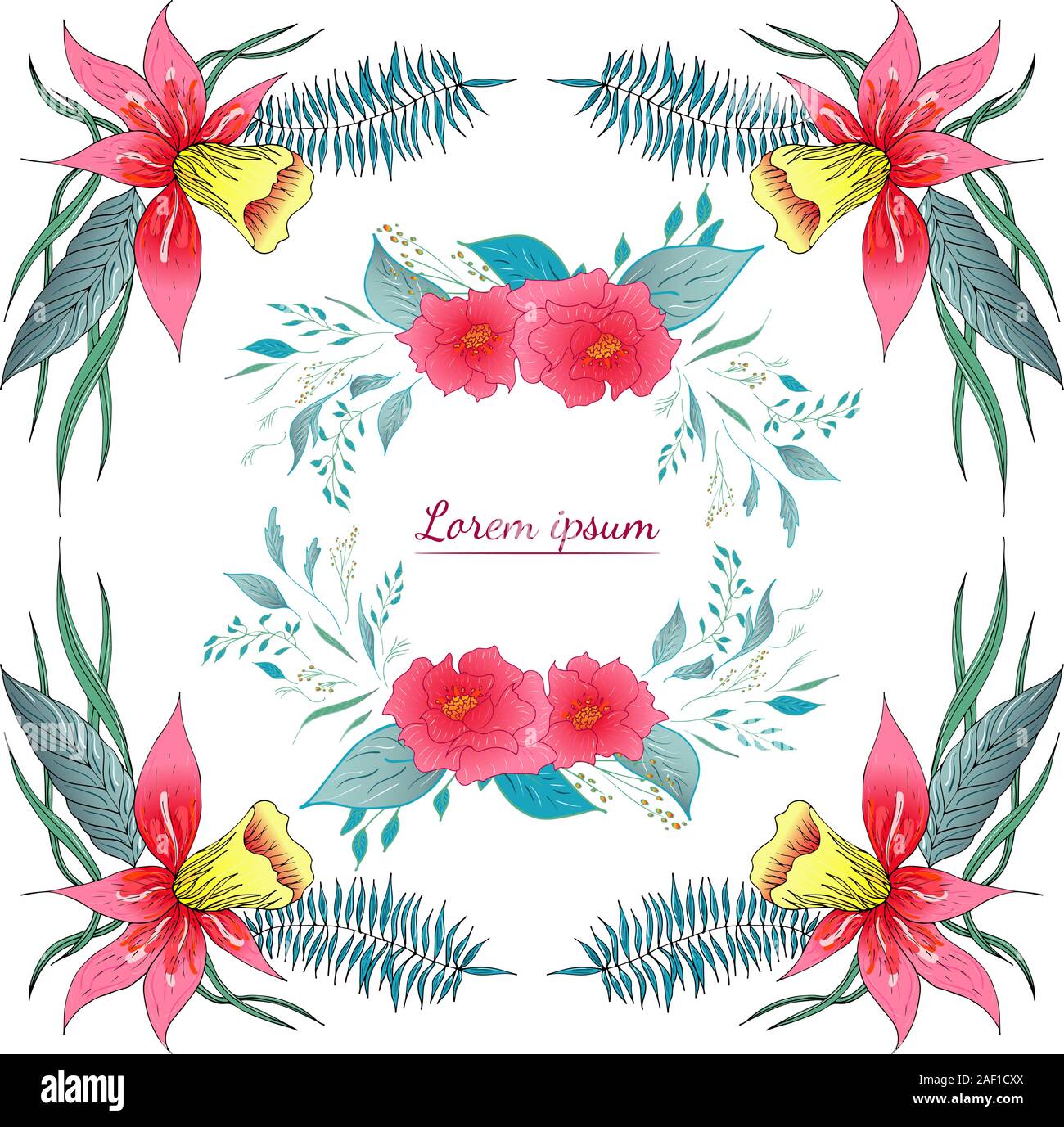 Ensemble de Tropical floral dessiné à la main frames. Illustration du feuillage de la jungle. Jeu Floral. Dessin à la main. Vector collection, isolé. Mariage de source naturelle c Illustration de Vecteur
