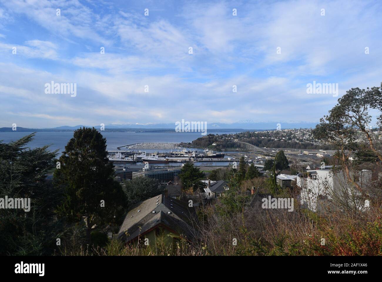 Vue sur les montagnes olympiques de Kerry Park dans le quartier de la Reine Anne de Seattle. Elliot Bay sépare la ville de la péninsule Olympique. Banque D'Images