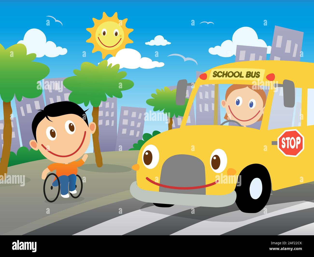 Heureux garçon en fauteuil roulant va prendre l'autobus scolaire. Journée ensoleillée en scène la ville. Cartoon Vector illustration Illustration de Vecteur