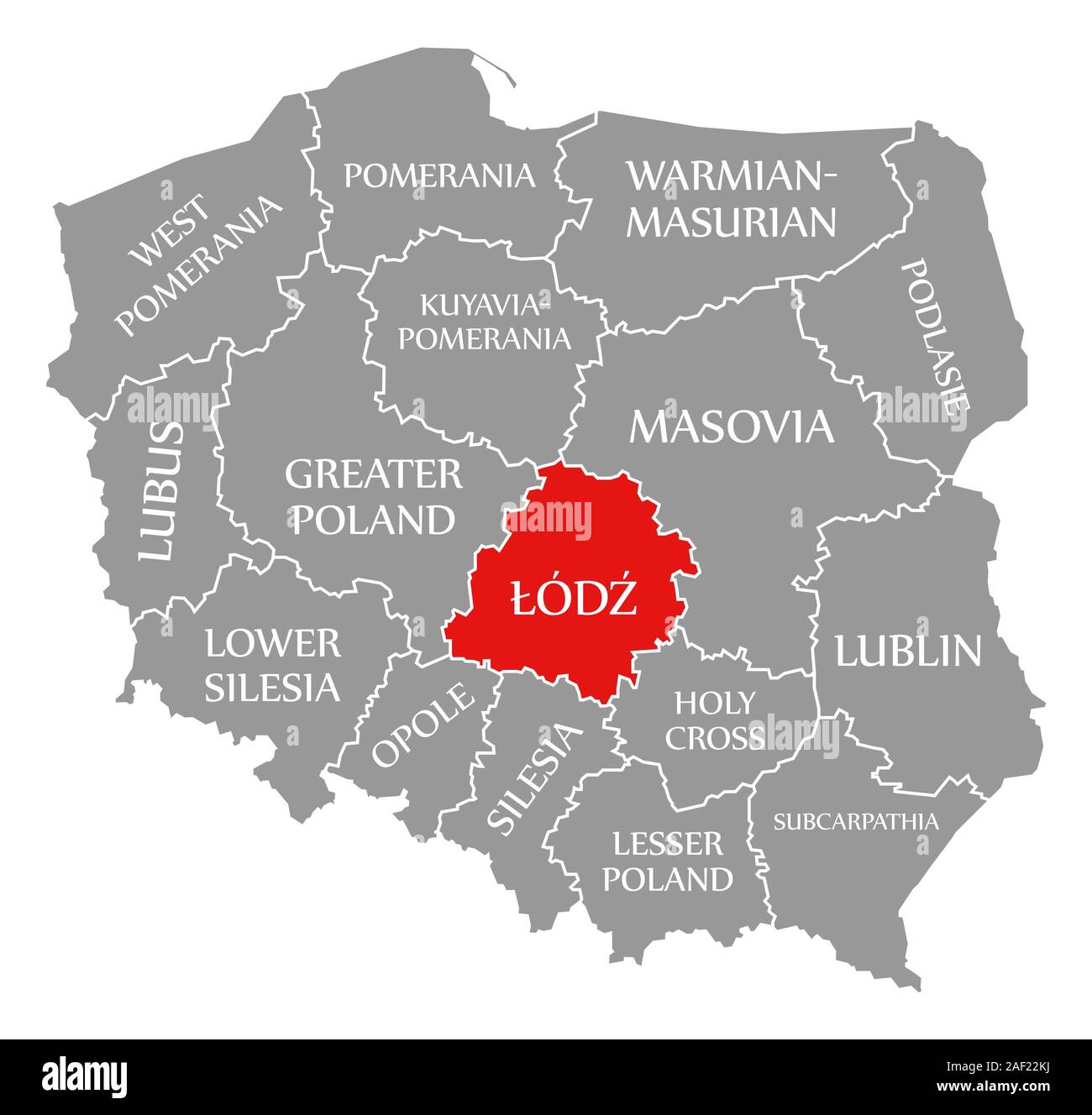 Lodz en surbrillance dans la carte rouge de la Pologne Banque D'Images