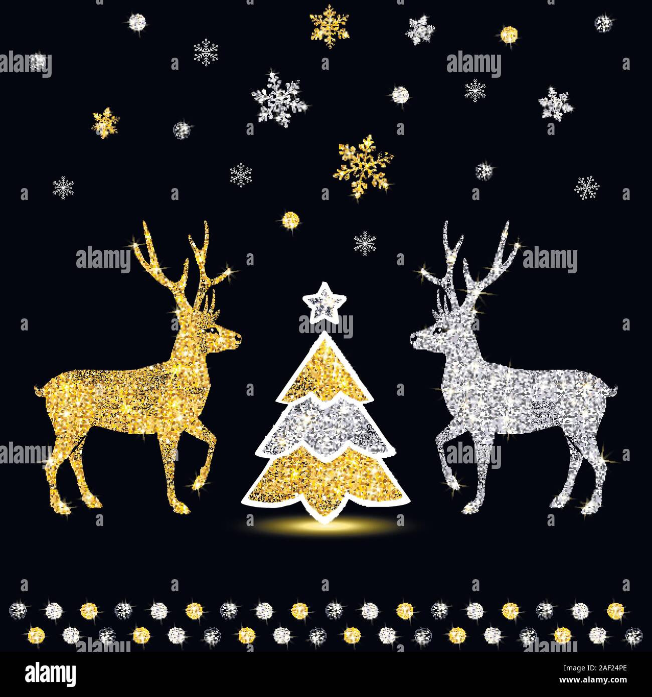 Brillant doré décoratif deer et l'arbre de Noël sur fond noir Illustration de Vecteur