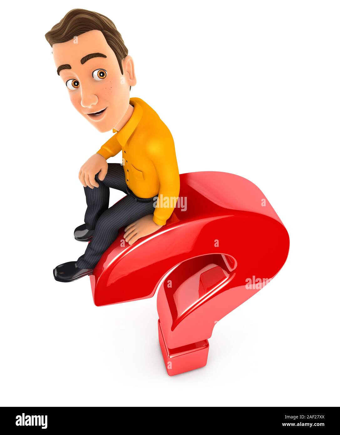 3d man sitting on top of question mark, illustration avec fond blanc isolé Banque D'Images