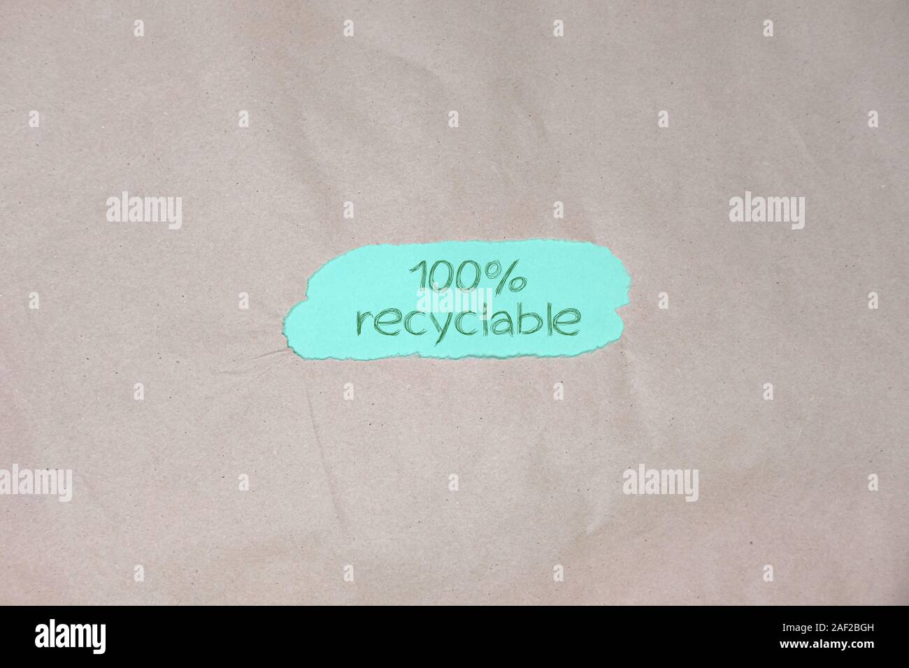 texte « 100 % recyclable » sur fond de papier d'emballage vert marron. Banque D'Images