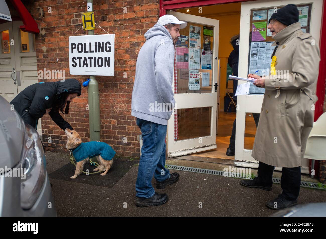 Oxford, Oxfordshire, UK. 12 Décembre, 2019. Élection générale : Les chiens dans les bureaux de vote. Roxie, un Colley cross attend que son propriétaire d'exprimer leur vote à Jéricho, Oxford. Cette élection met Décembre historique d'électeurs sur tôt le matin de pluie. Le temps froid, humide traverse le pays avec certaines zones prévues pour la neige. Credit : Sidney Bruere/Alamy Live News Banque D'Images