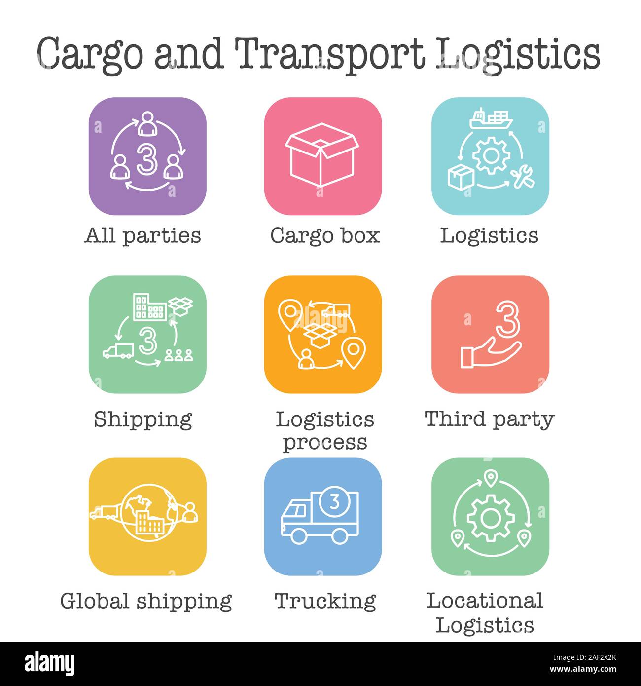 L'icône de la logistique set w bâtiments, de camionnage, d'expédition et les gens fort Illustration de Vecteur