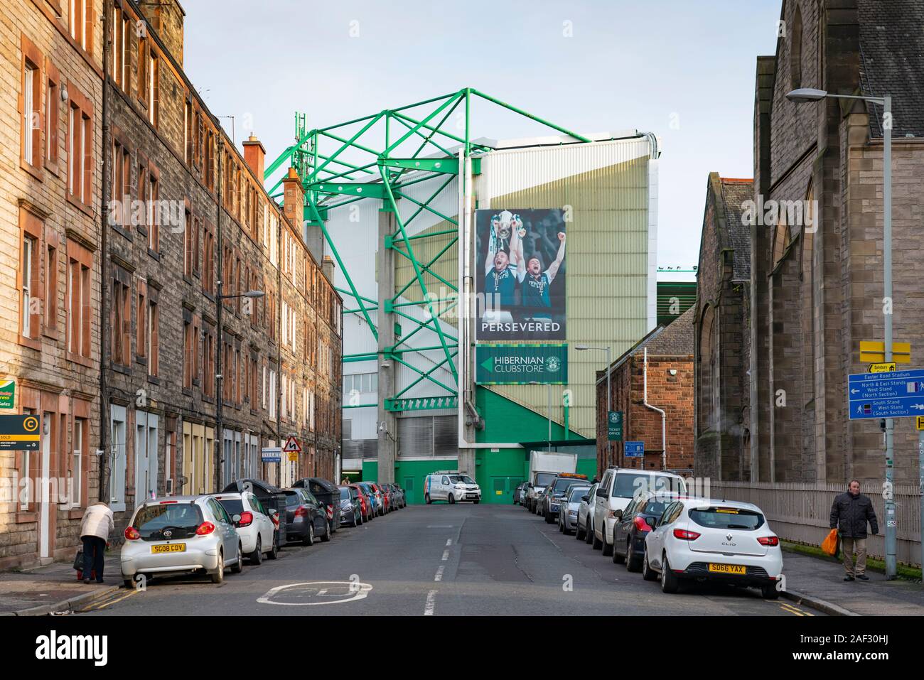 Voir d'Easter Road Stadium accueil Hibernian Football Club au fin d'Édimbourg, Écosse, Royaume-Uni Banque D'Images