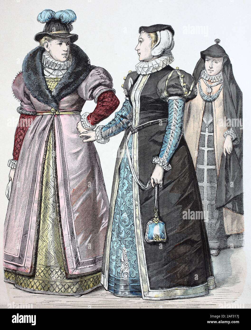 Costume national, des vêtements, de l'histoire des costumes, les femmes distinguées à partir de Londres, en 1590, le costume national d'Angleterre, 16e siècle, Volkstracht, Kleidung, Geschichte der Kostüme, Vornehme Frauen aus London, 1590, Angleterre, 16 aus 2011. Jahrhundert Banque D'Images