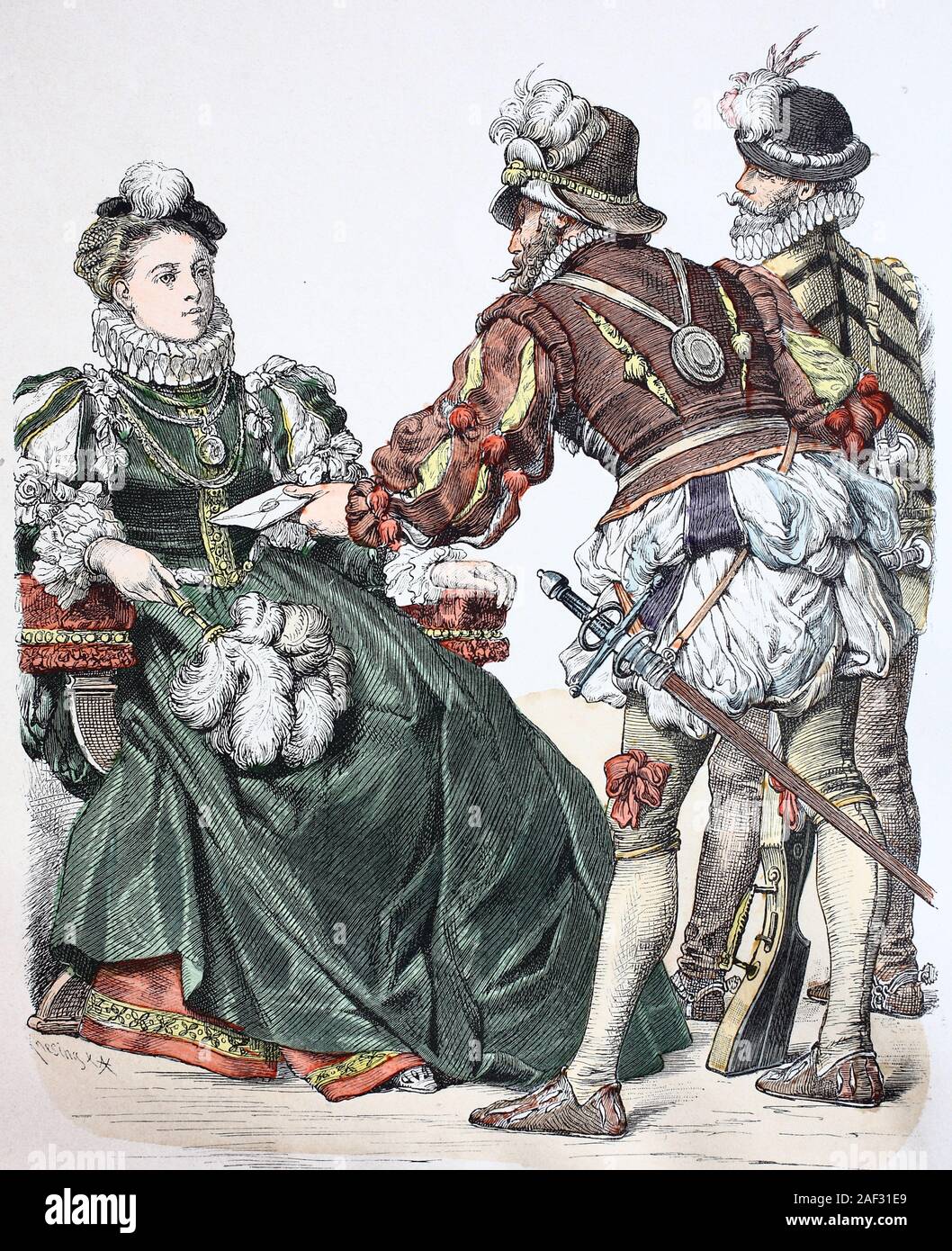 Costume national, des vêtements, de l'histoire des costumes, les femmes de la noblesse avec messieurs, le costume national d'Allemagne, 16e siècle, Volkstracht, Kleidung, Geschichte der Kostüme, Edelfräulein Kavalieren mit aus Deutschland, 2011, 16. Jahrhundert Banque D'Images