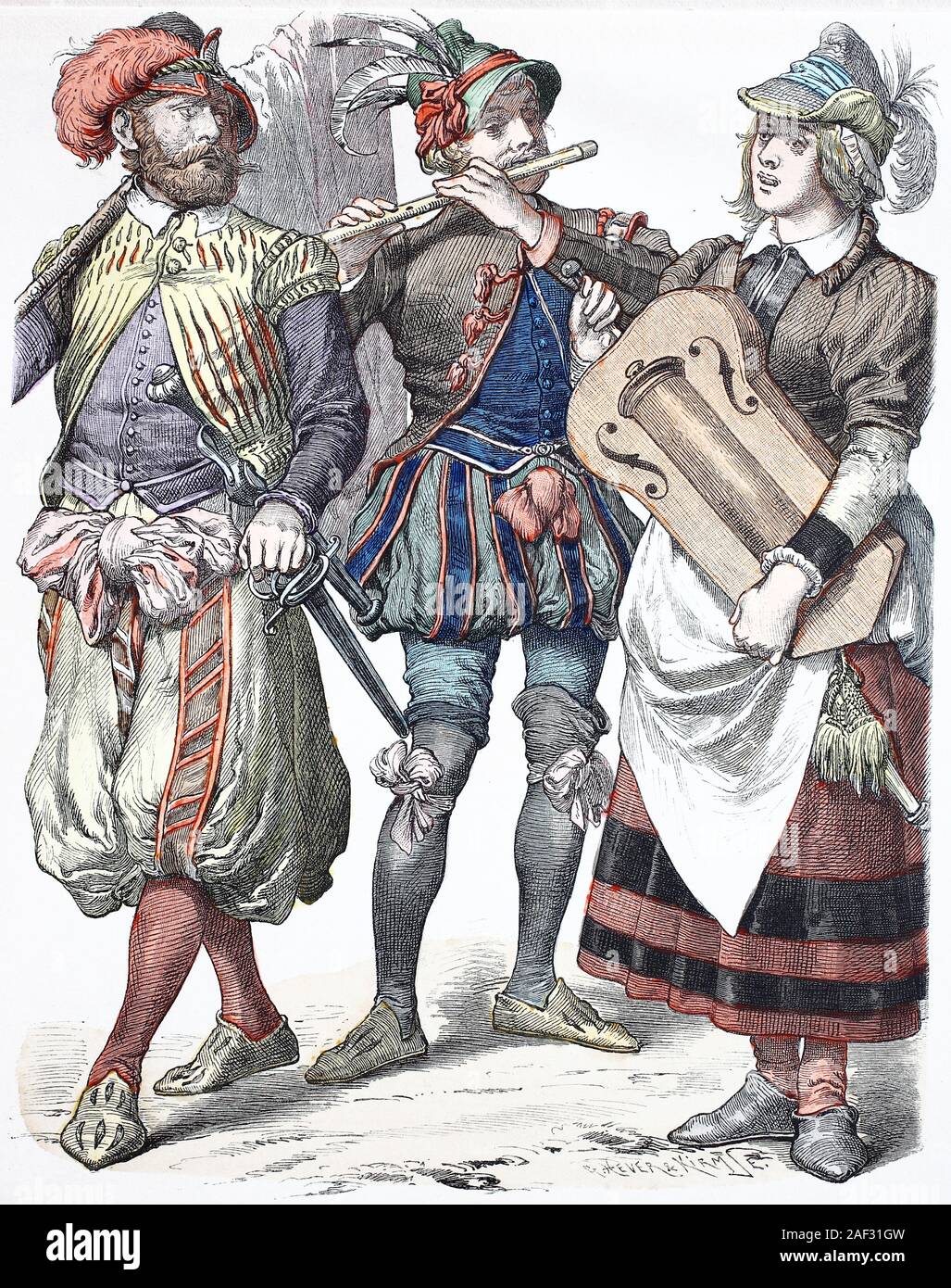 Costume national, des vêtements, de l'histoire des costumes, des porte-drapeaux, balladeers, le costume national d'Allemagne, 16e siècle, Volkstracht, Kleidung, Geschichte der Kostüme, Fahnenträger Bänkelsänger, aus Deutschland, 2011, 16. Jahrhundert Banque D'Images