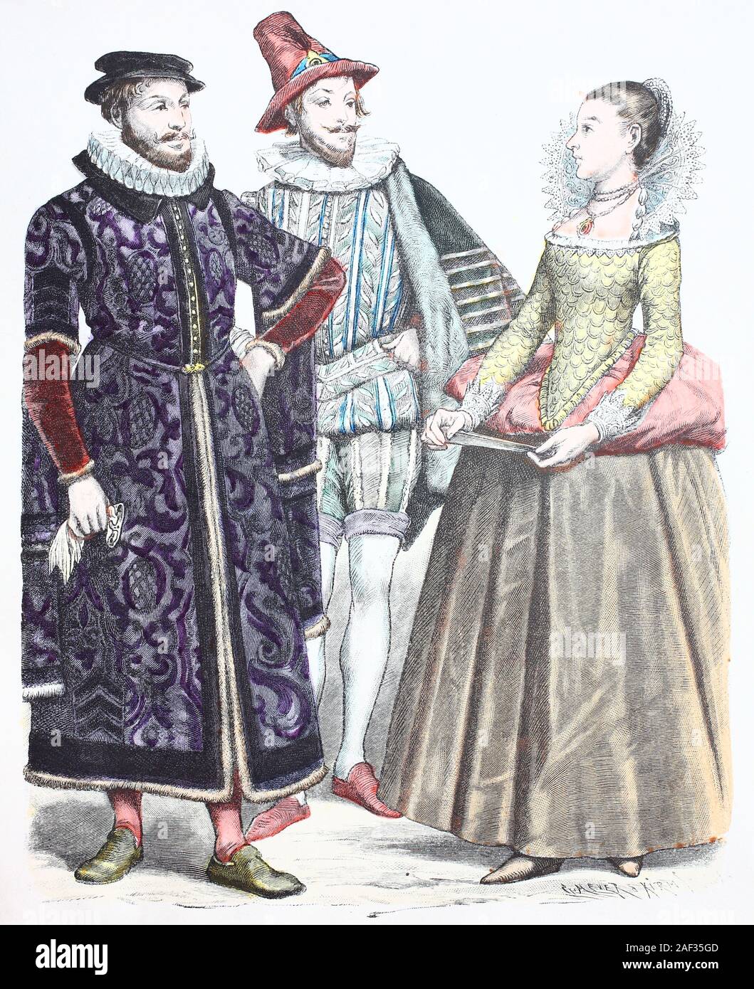 Costume national, des vêtements, de l'histoire des costumes, de l'homme d'affaires à Londres, gentleman, dame de la cour de la reine Elisabeth, Angleterre, 16e siècle, Volkstracht, Kleidung, Geschichte der Kostüme, Kaufmann, à Londres, Lady Kavalier vom Hofe der Königin Elisabeth, 16. Jahrhundert Banque D'Images