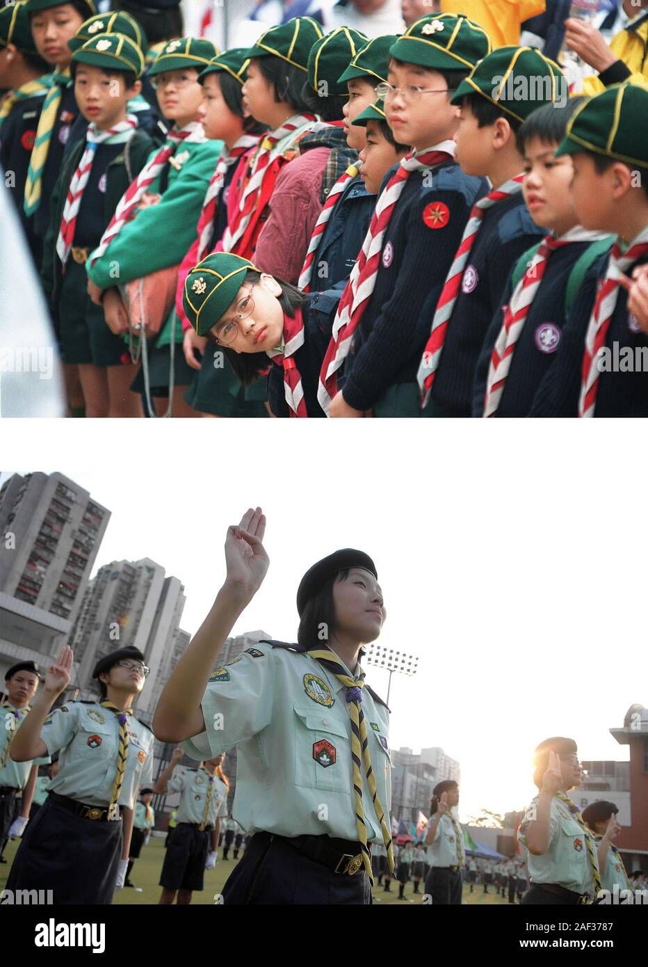 (191212) -- BEIJING, le 12 décembre 2019 (Xinhua) -- cette combinaison photo montre les scouts participant à la "Marche pour l'un des millions d'activité de bienfaisance à Macao, Chine du sud (haut, Xinhua, publié le juin. 18, 1999) et les scouts l'assermentation dans une célébration d'anniversaire à Macao, Chine du Sud le 9 octobre 2011 (en bas, photo de Cheong Kam Ka). Le 20 décembre, Macao va célébrer le 20e anniversaire de son retour à la patrie. Au cours des deux dernières décennies, la région administrative spéciale a fait de grands progrès dans le développement économique et l'atteinte de la prospérité et de la stabilité dans le cadre du programme "un pays, deux systèmes" pri Banque D'Images