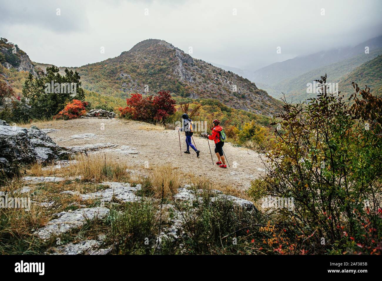 Deux promeneurs randonneurs avec bâtons de marche rendez-vous sur piste de montagne en temps d'automne pluvieux Banque D'Images Deux promeneurs randonneurs avec bâtons de marche rendez-vous sur piste de montagne en temps d'automne pluvieux Banque D'Images