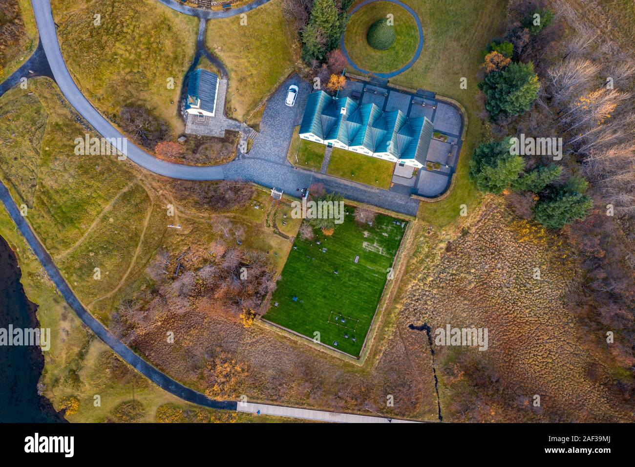 Église, cimetière et ferme, le Parc National de Thingvellir, Site du patrimoine mondial de l'Unesco, de l'Islande Banque D'Images