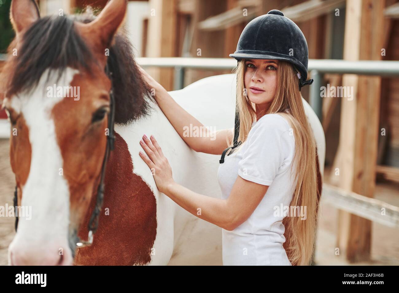 La sécurité d'abord. Femme heureuse avec son cheval dans le ranch de la journée. Banque D'Images