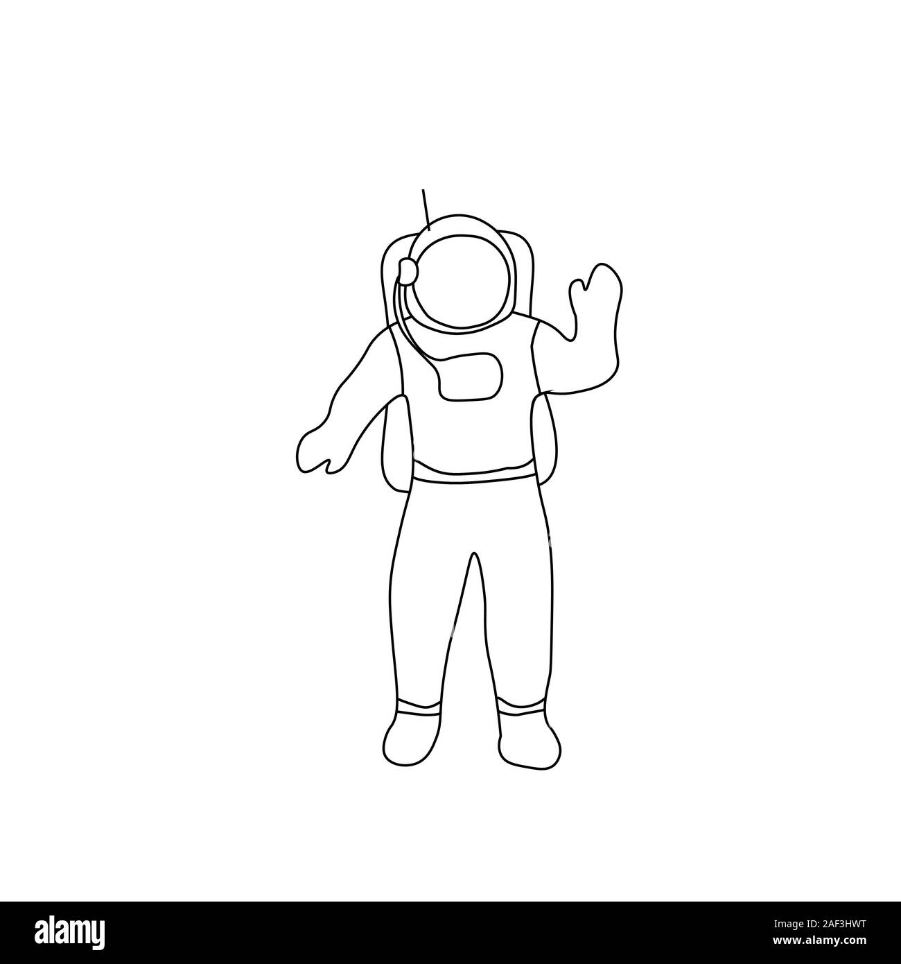 L'astronaute cosmonaute dire bonjour. Contour noir sur fond blanc. Photo peut être utilisé dans les cartes de vœux, affiches, flyers, bannières, logo, conception d'illustration vectorielle, etc.. EPS10 Illustration de Vecteur