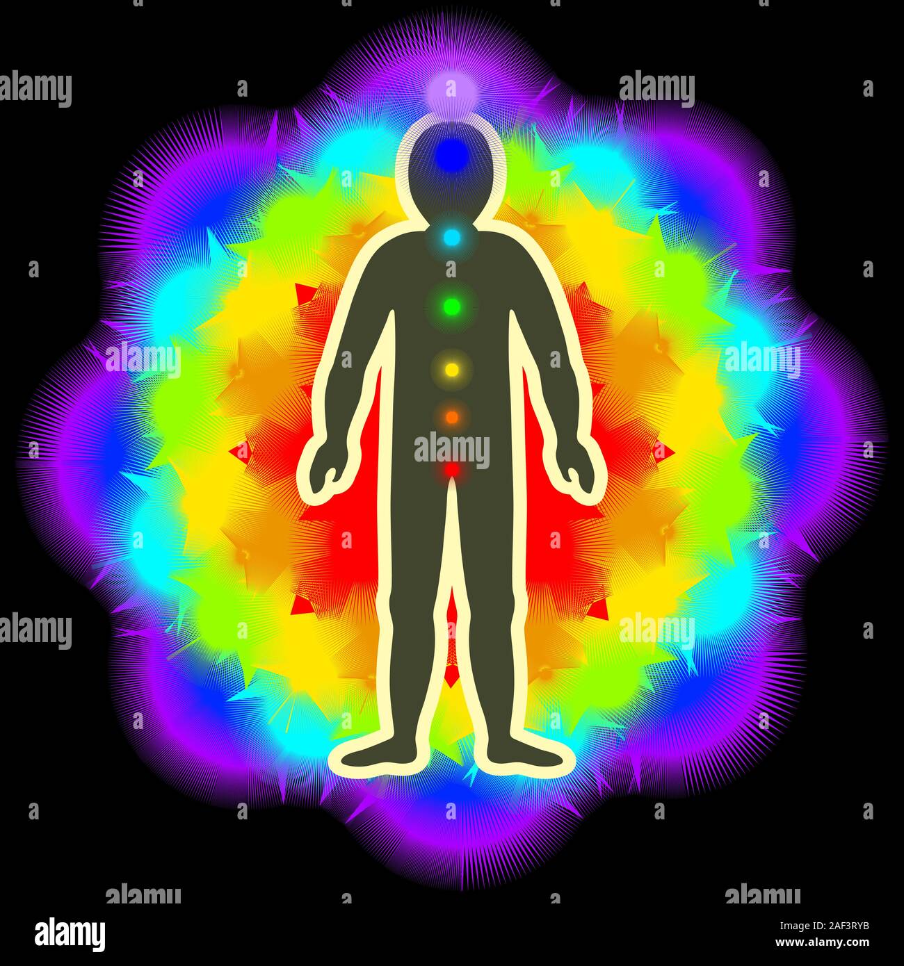 L'aura du corps. Les couches de couleur arc-en-ciel du corps masculin. Éthérique, émotionnel, métalliques, astral, causal et céleste couche. Vecteur isolé Illustration de Vecteur
