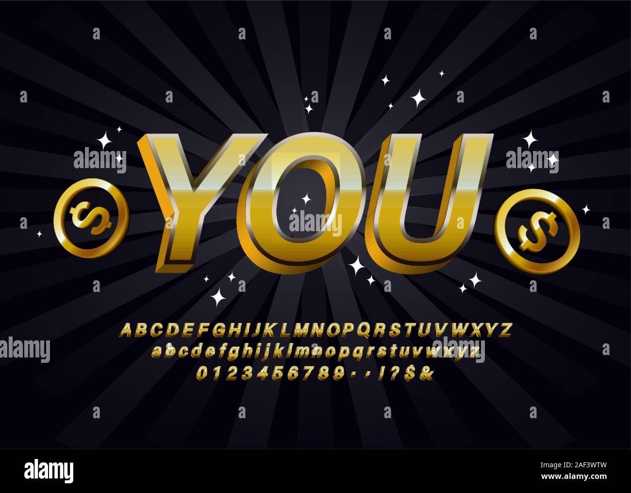 L'étiquette d'or vecteur 3D avec lettres de l'Alphabet et des pièces en euros, chiffres et L'étiquette d'or vecteur 3D avec lettres de l'Alphabet et des pièces en euros, chiffres et