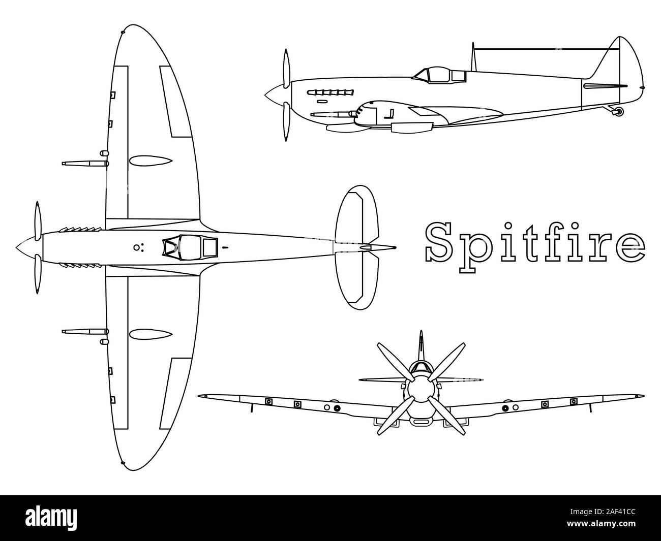 La DEUXIÈME GUERRE MONDIALE avion Spitfire Supermarine contours uniquement. Illustration de Vecteur