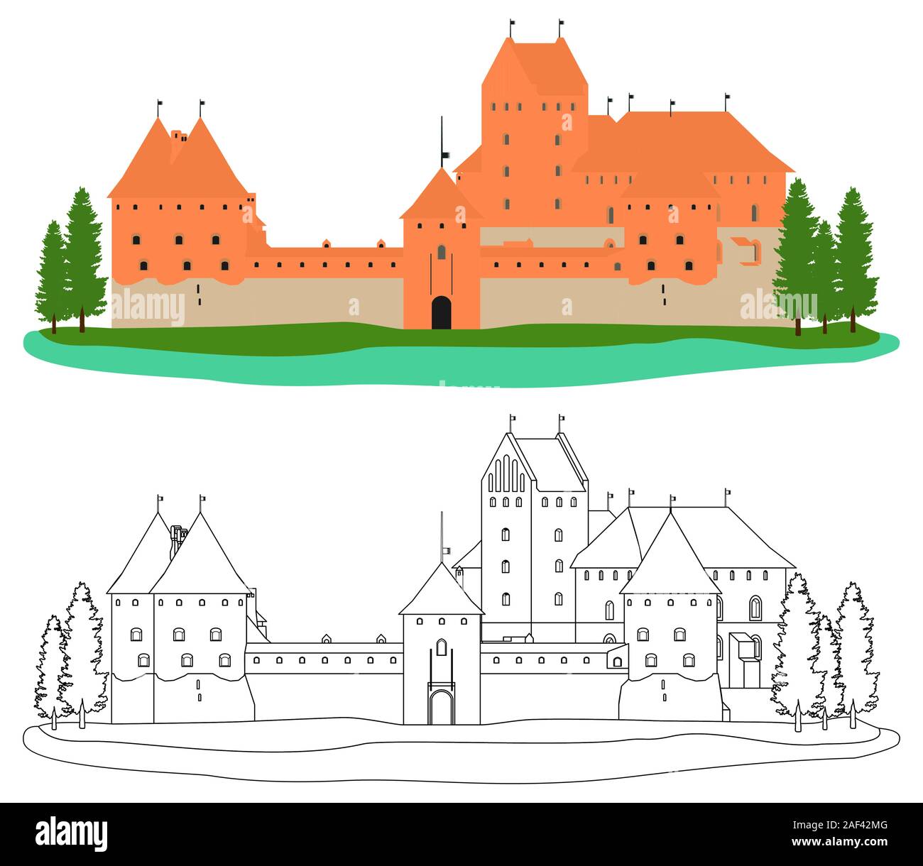 Château de l'île de Trakai et de couleur Contour. Illustration de Vecteur