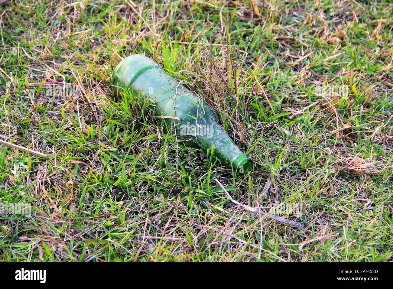 La pollution de l'environnement : bouteille en verre vert à gauche sur l'herbe. L'abandon de détritus et la nature de la pollution. Banque D'Images