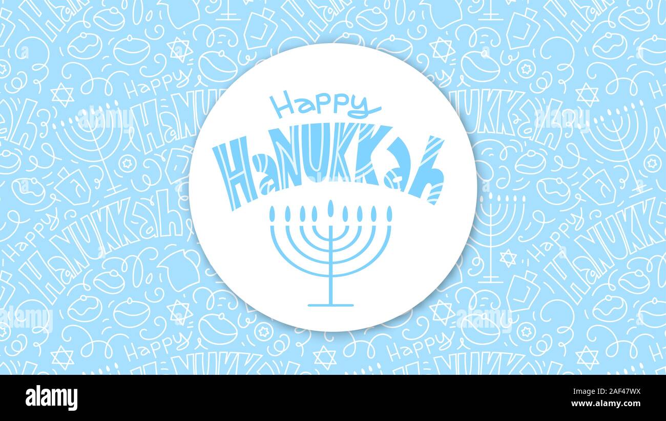 Hanukkah heureux modèle de carte de vœux conception. Maison de vacances : symboles menorah (chandelier), des bougies, des beignes, des cadeaux, dreidel. Hand drawn vector illustration Illustration de Vecteur