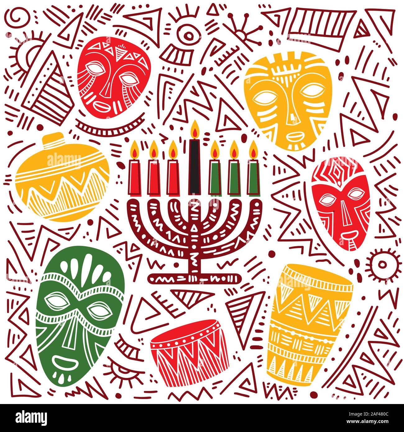 Heureux Kwanzaa. Hand drawn vector illustration. Carte postale avec des bougies colorées et traditionnelles kinara. Illustration de Vecteur