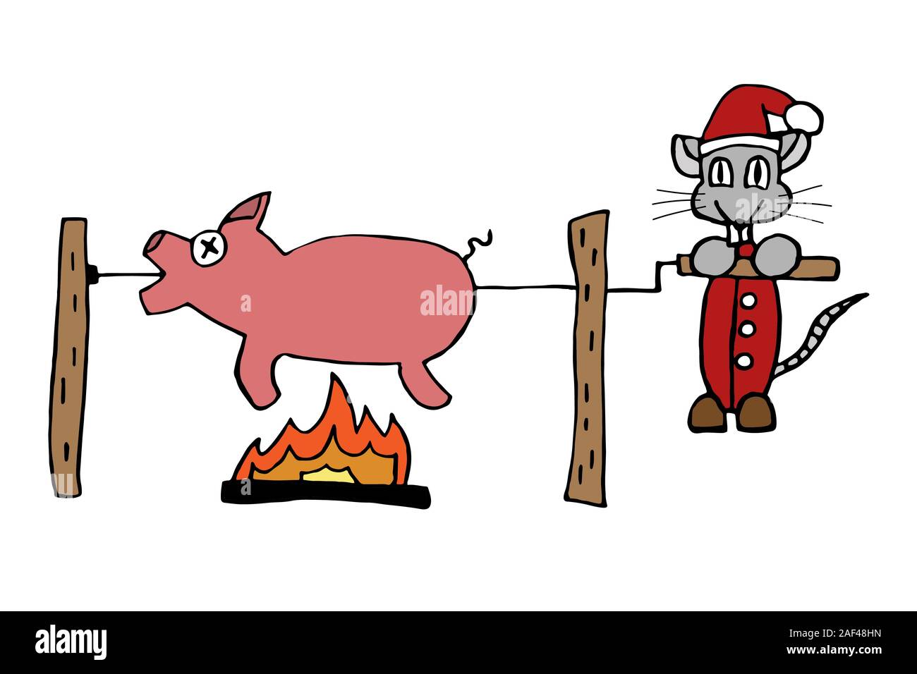 Costume père noël en rat escorte le symbole de la vieille année un cochon les frire sur un spitt. 2020 Nouvelle année d'illustration vectorielle stock isolé. Illustration de Vecteur