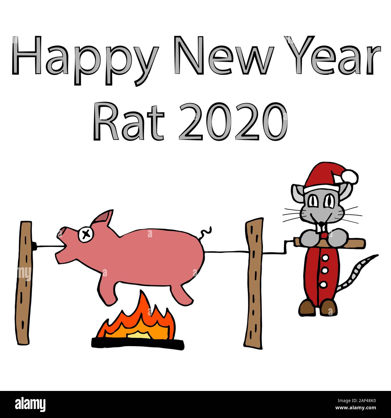 Costume père noël en rat escorte le symbole de la vieille année un cochon les frire sur un spitt. 2020 Nouvelle année d'illustration vectorielle stock isolé. Illustration de Vecteur