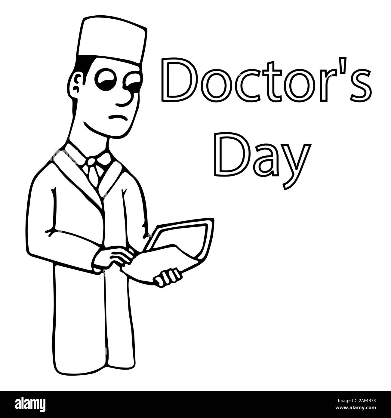 Cartoon blanc jeune médecin dans un manteau tenant un dossier avec une histoire de cas pour les médecins isolés. jour stock contour vector illustration Illustration de Vecteur