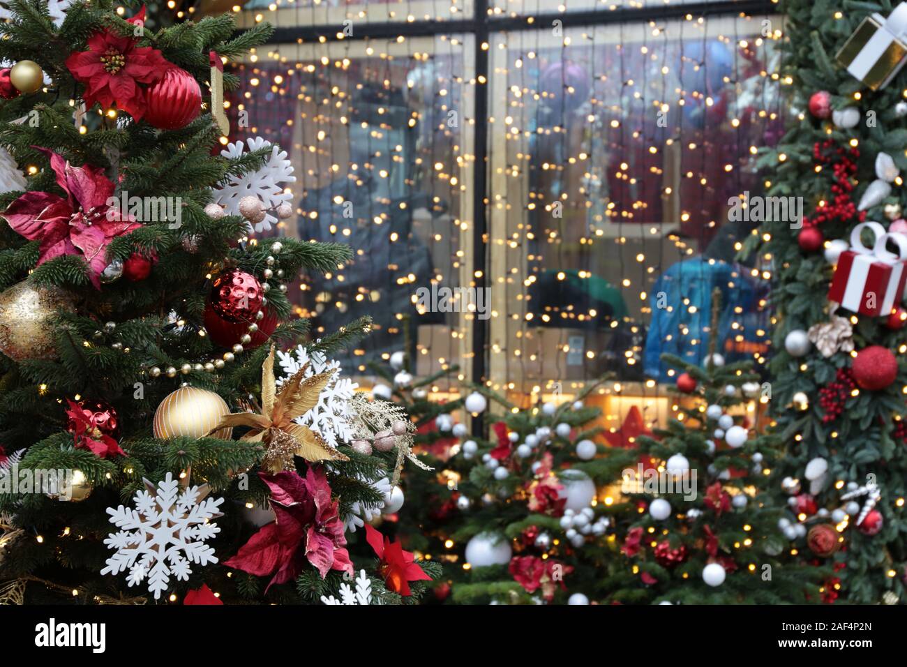 Décorations de Noël dans une vitrine sur une rue de la ville. Branches de sapin et boules de jouet, lumières de fête, fête du Nouvel An, la magie de la maison de vacances Banque D'Images