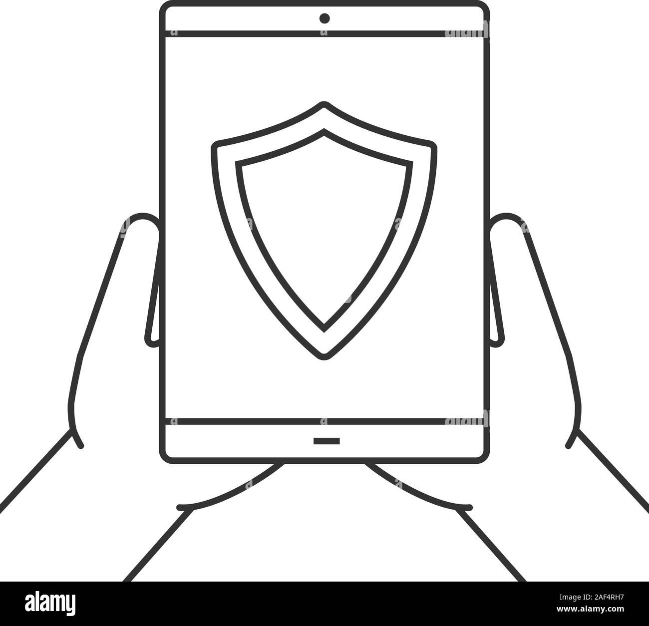 Hands holding tablet ordinateur icône linéaire. La cybersécurité. Programme antivirus. Fine ligne illustration. Ordinateur tablette avec bouclier. Symbole de contour. Vect Illustration de Vecteur