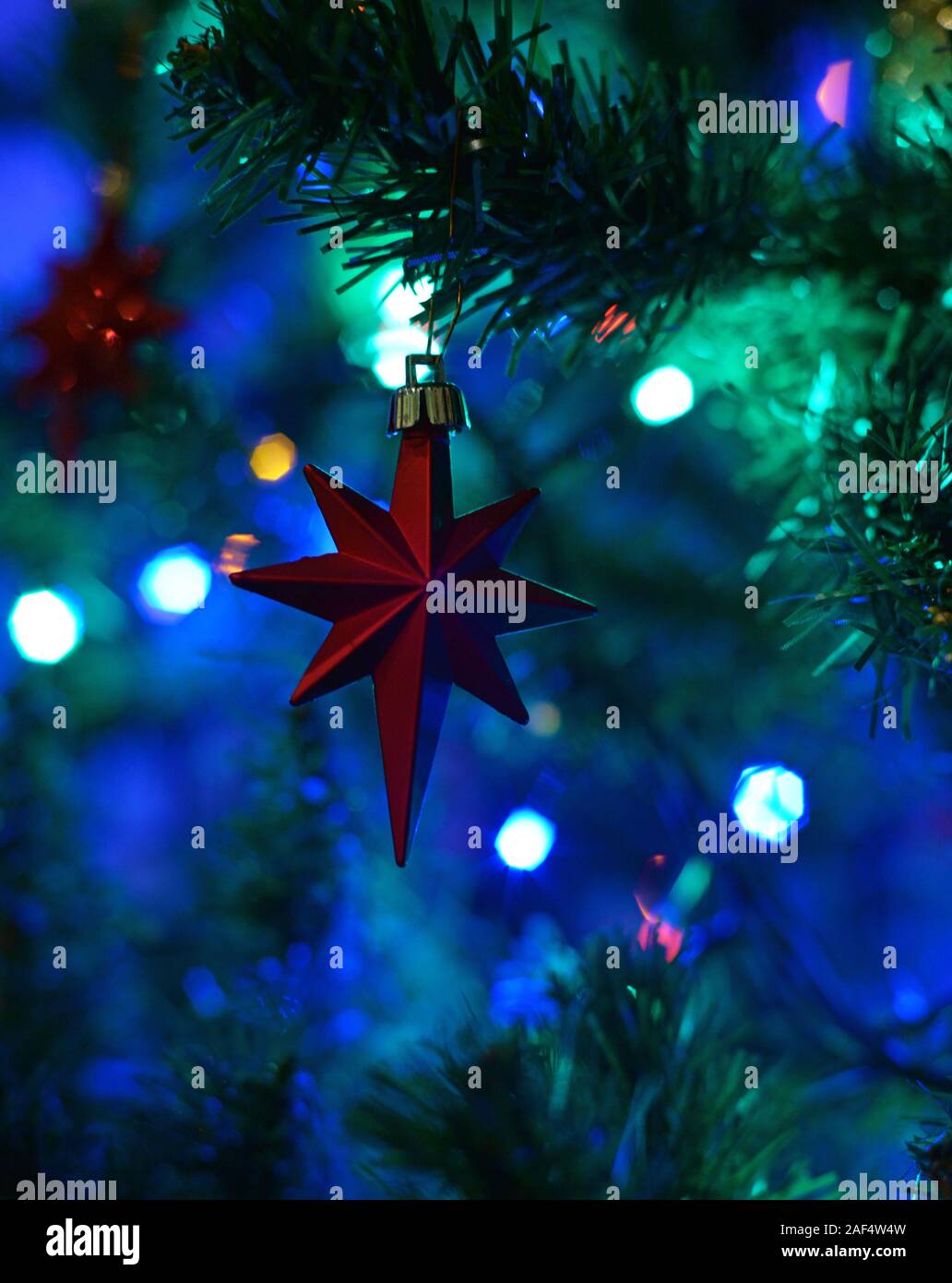 Étoile rouge accrochée à l'arbre de Noël. Bokeh. Concept : la saison de fête. Banque D'Images
